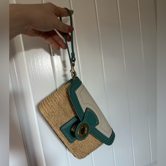 Coach Turnlock Straw and Canvas Clutch, blue/nude, small - Picture 8 of 8